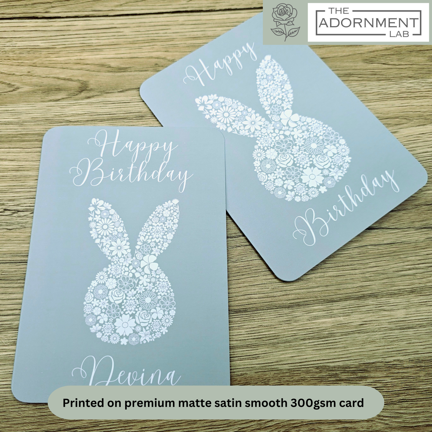 Bunny Bloom Silhouette - Happy Birthday - Greetings Cards - Sage (Personalised)