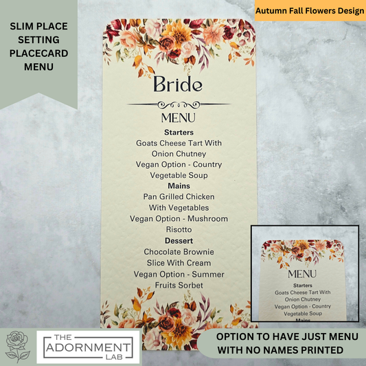 Autumn Fall Flowers Design - Slim Menu Cards (With Guests Names)