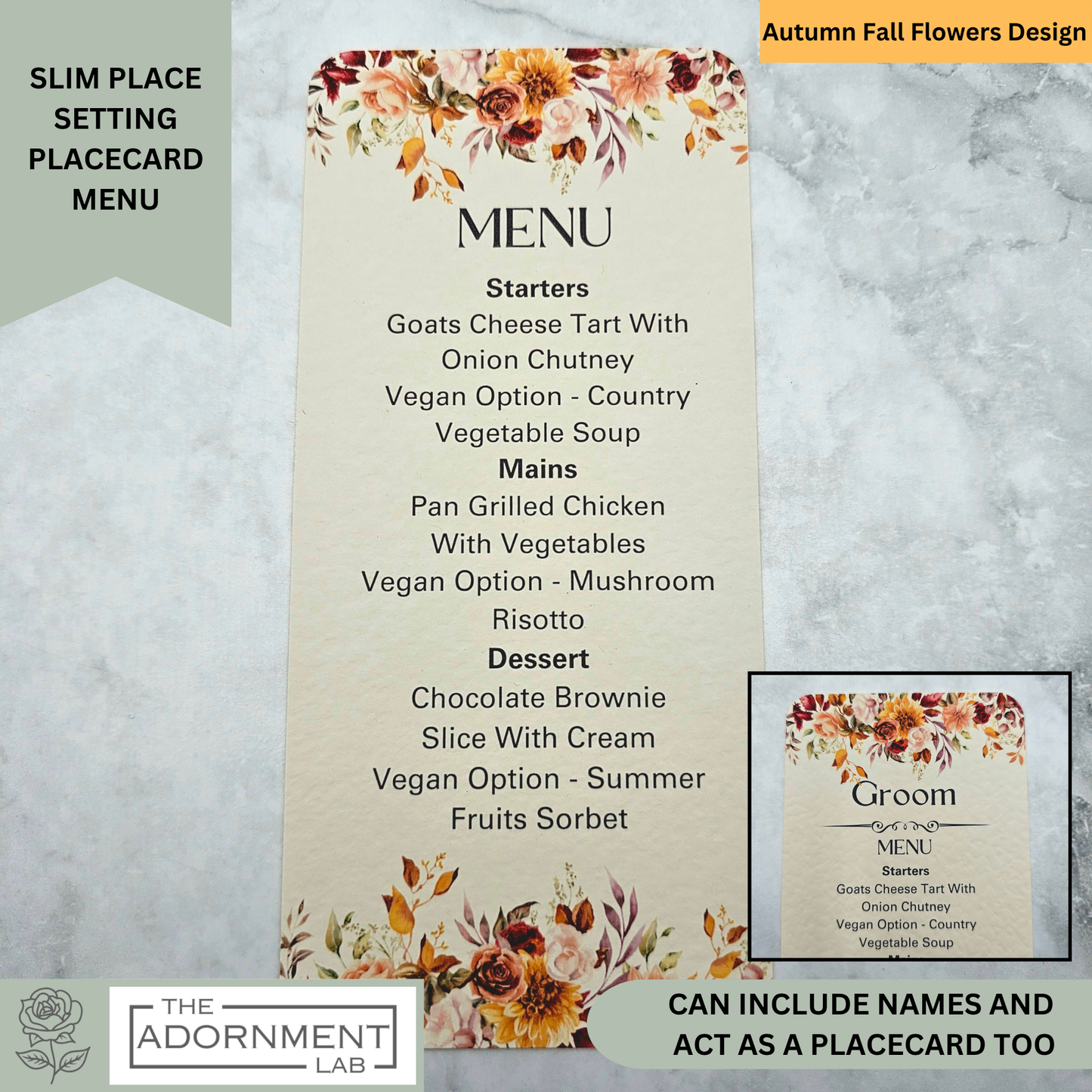 Autumn Fall Flowers Design - Slim Menu Cards (Without Guests Names)