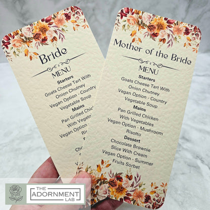 Autumn Fall Flowers Design - Slim Menu Cards (With Guests Names)