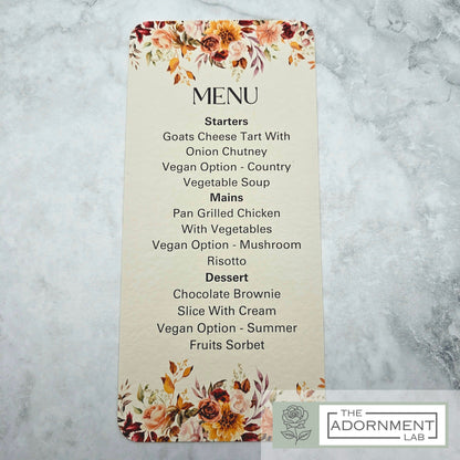 Autumn Fall Flowers Design - Slim Menu Cards (With Guests Names)