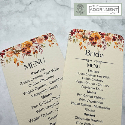 Autumn Fall Flowers Design - Slim Menu Cards (With Guests Names)
