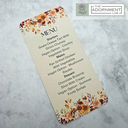 Autumn Fall Flowers Design - Slim Menu Cards (With Guests Names)