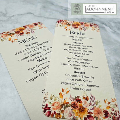 Autumn Fall Flowers Design - Slim Menu Cards (With Guests Names)
