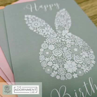 Bunny Bloom Silhouette - Happy Birthday - Greetings Cards - Sage