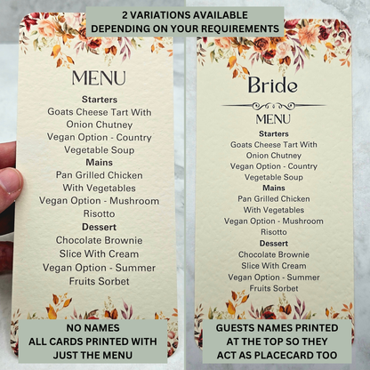 Autumn Fall Flowers Design - Slim Menu Cards (Without Guests Names)