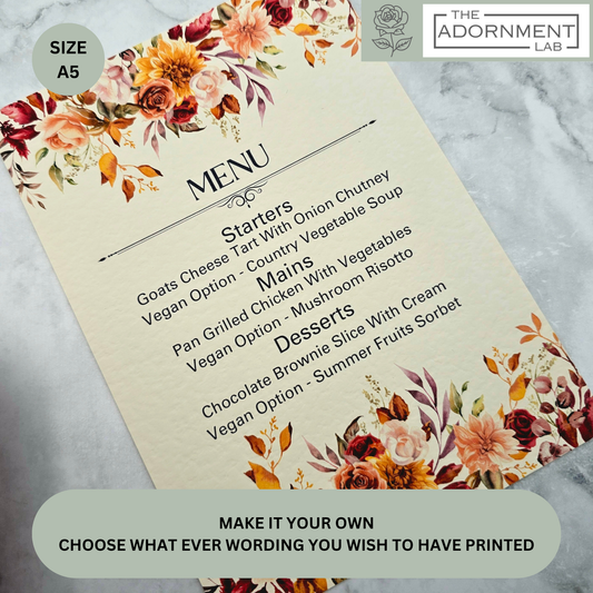 Autumn Fall Flowers Design - A5 Table Menu Cards