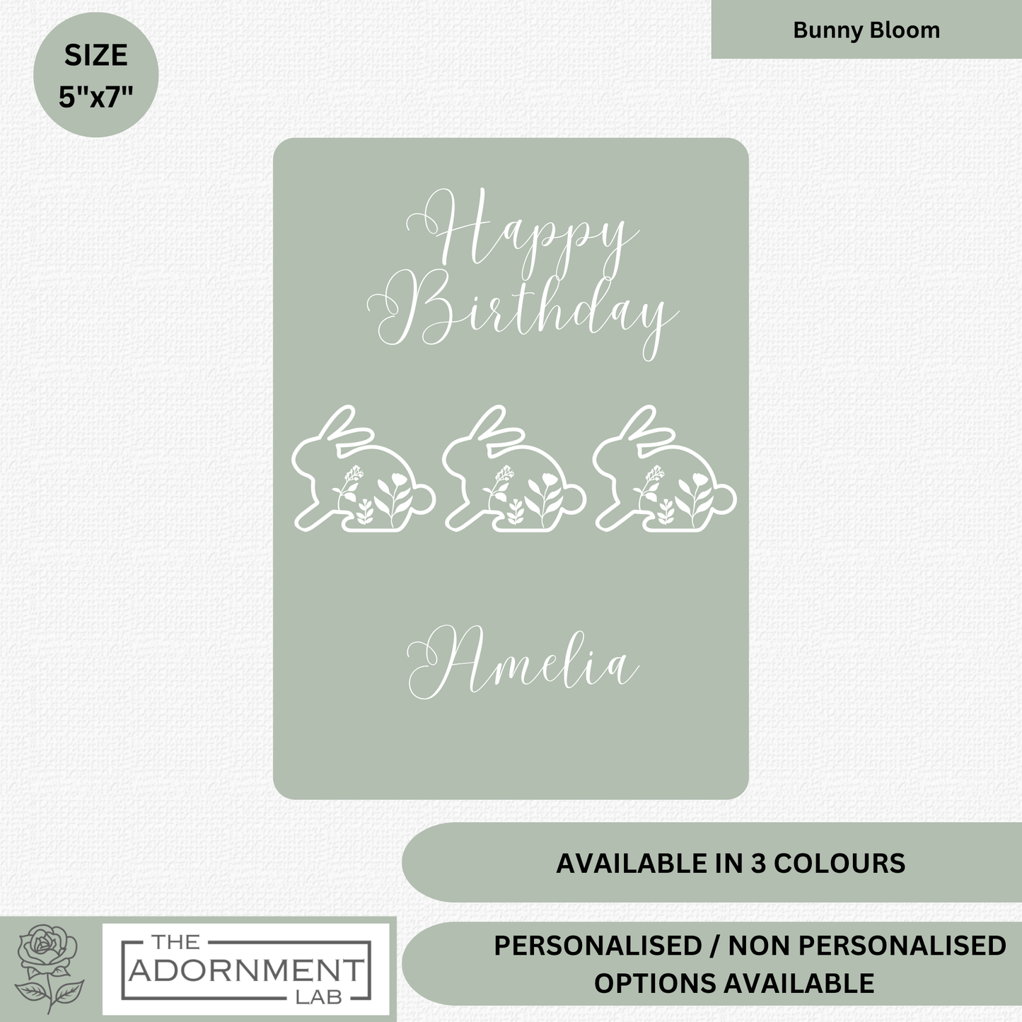 Bunny Bloom - Happy Birthday - Greetings Cards - Sage (Personalised)