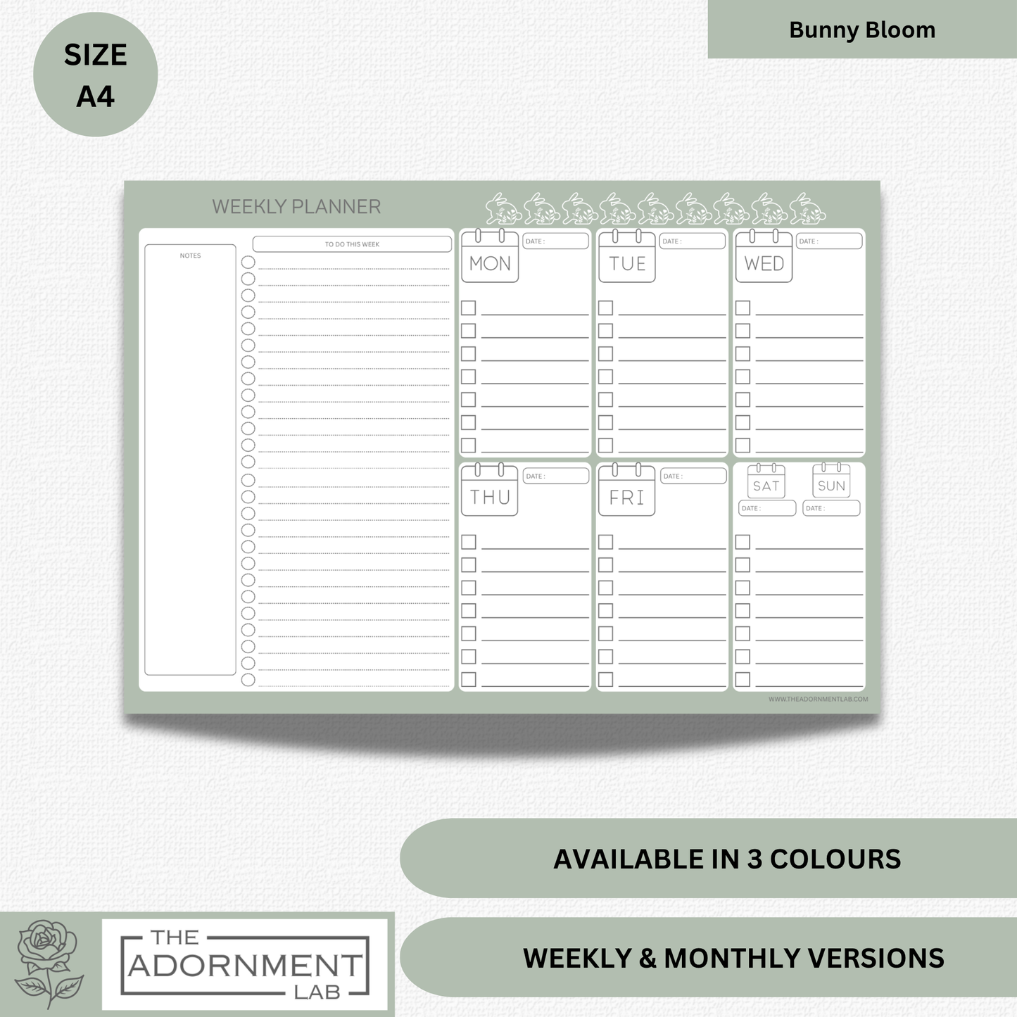 Bunny Bloom - A4 Digital Printable Weekly Planners - Sage