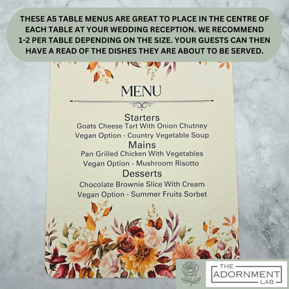 Autumn Fall Flowers Design - A5 Table Menu Cards