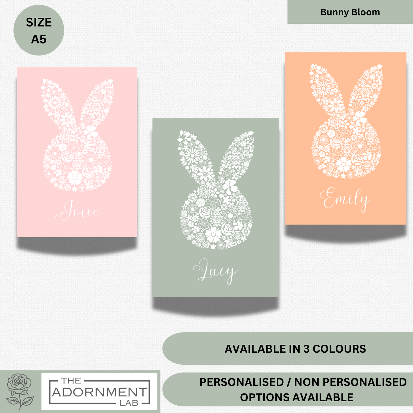 Bunny Bloom Silhouette - A5 Art Print - Peach (Personalised)