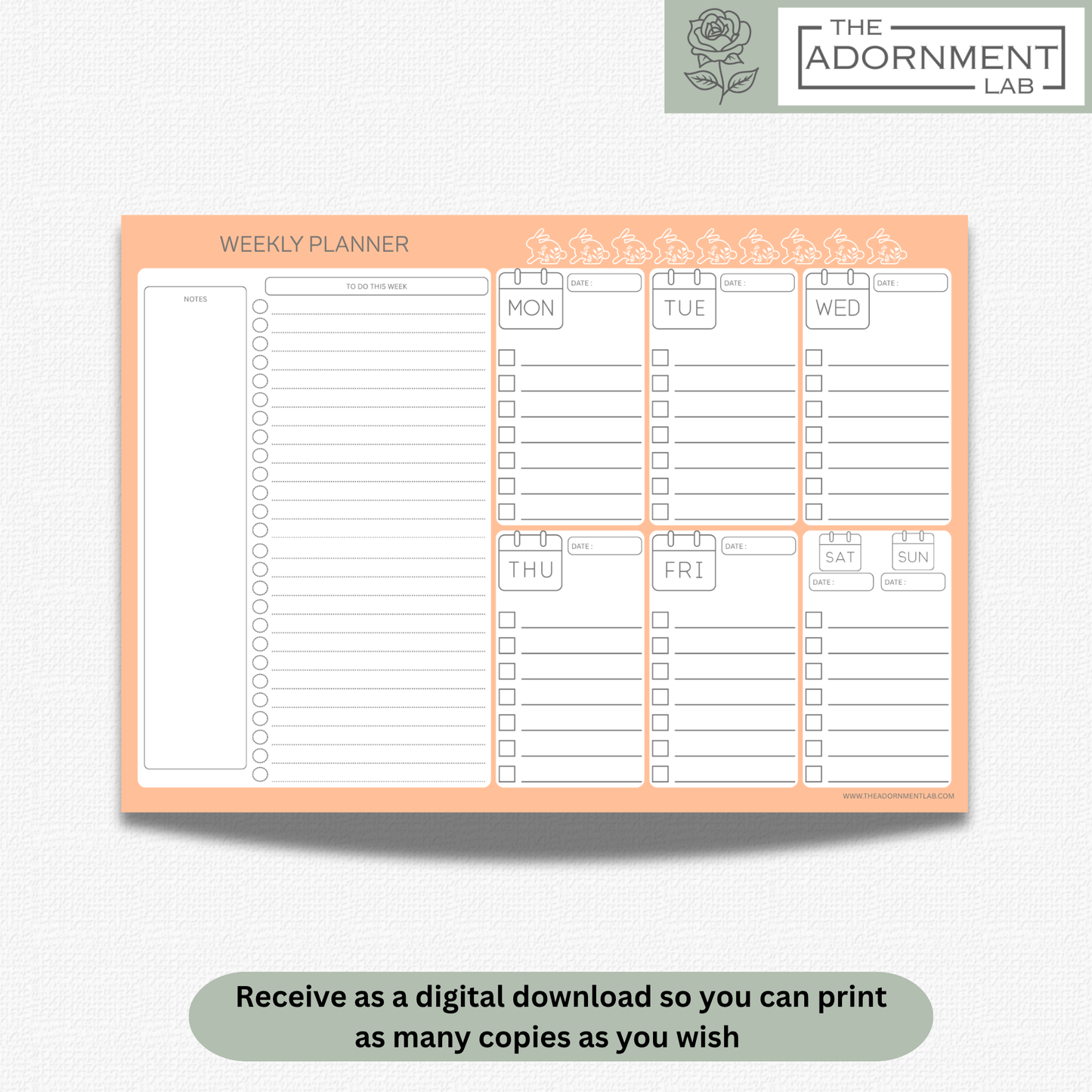 Bunny Bloom - A4 Digital Printable Monthly Planners - Peach